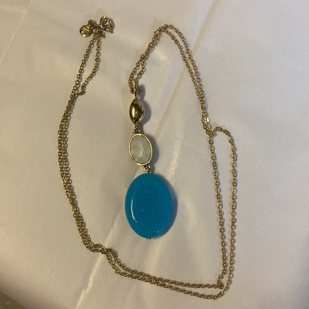 ANN Taylor Loft gold and turquoise blue beads and‎ opal long pendant necklace